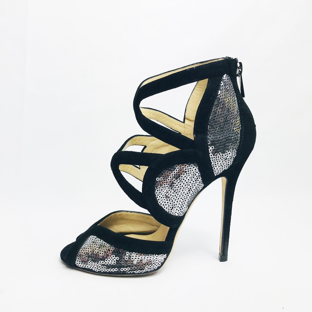 Jimmy Choo Black Suede & Silver Sequined Pumps